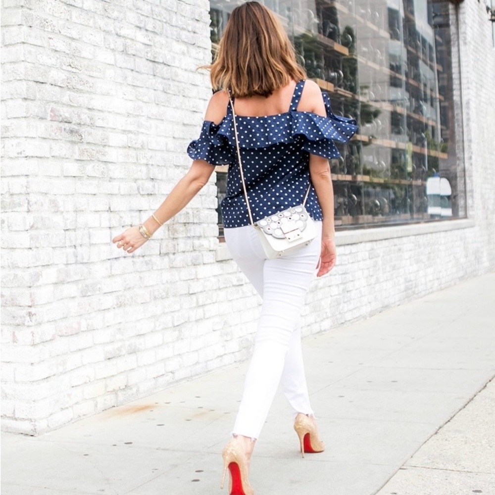 J. Crew Navy Dot Ruffled Off-Shoulder Top - Picture 6 of 8